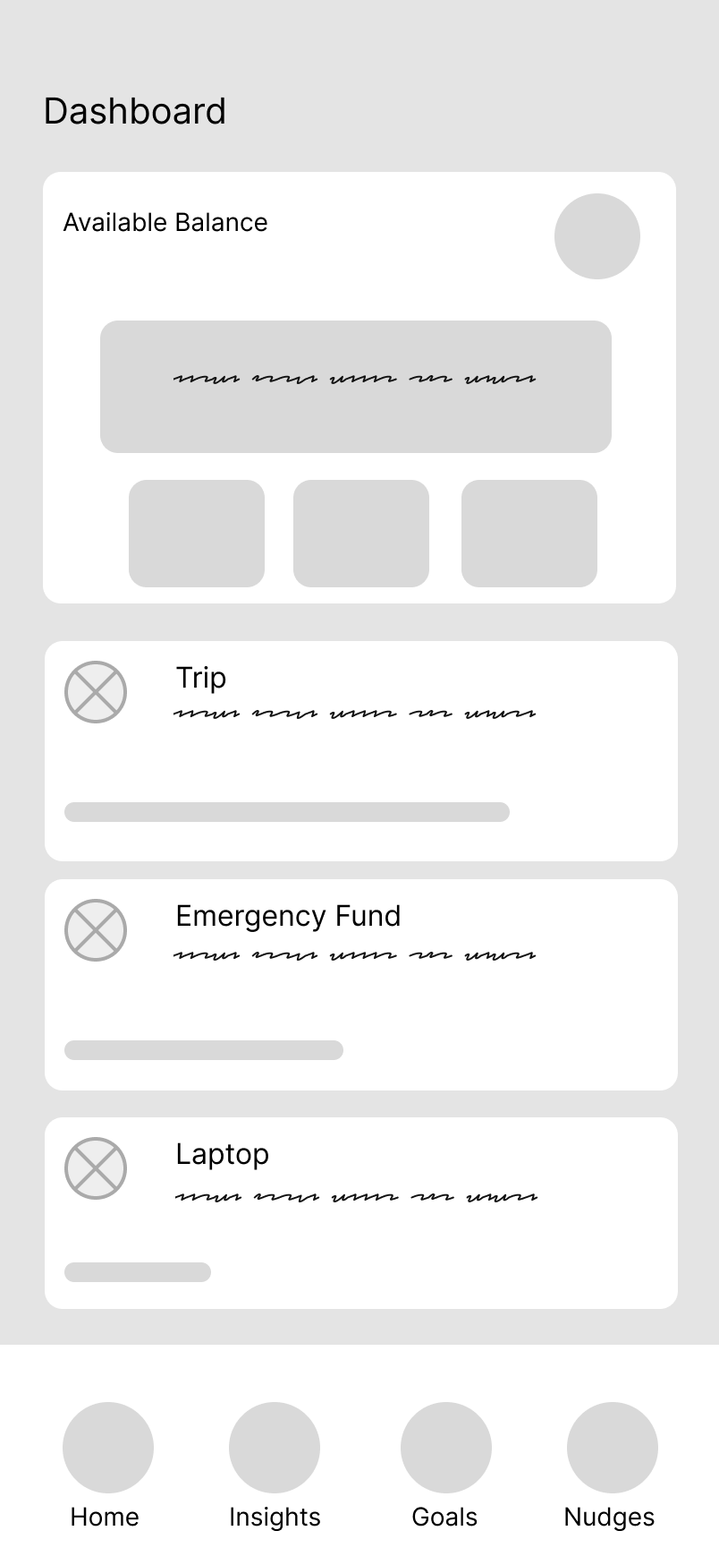 Low-fidelity wireframe of the Dashboard screen