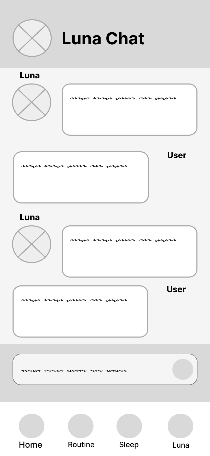 Low-fi wireframe of Somna Luna Chat