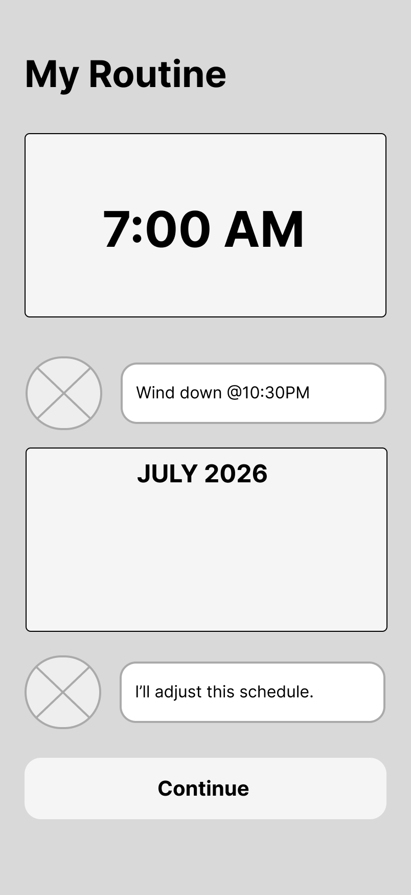 Low-fi wireframe of Somna My Routine