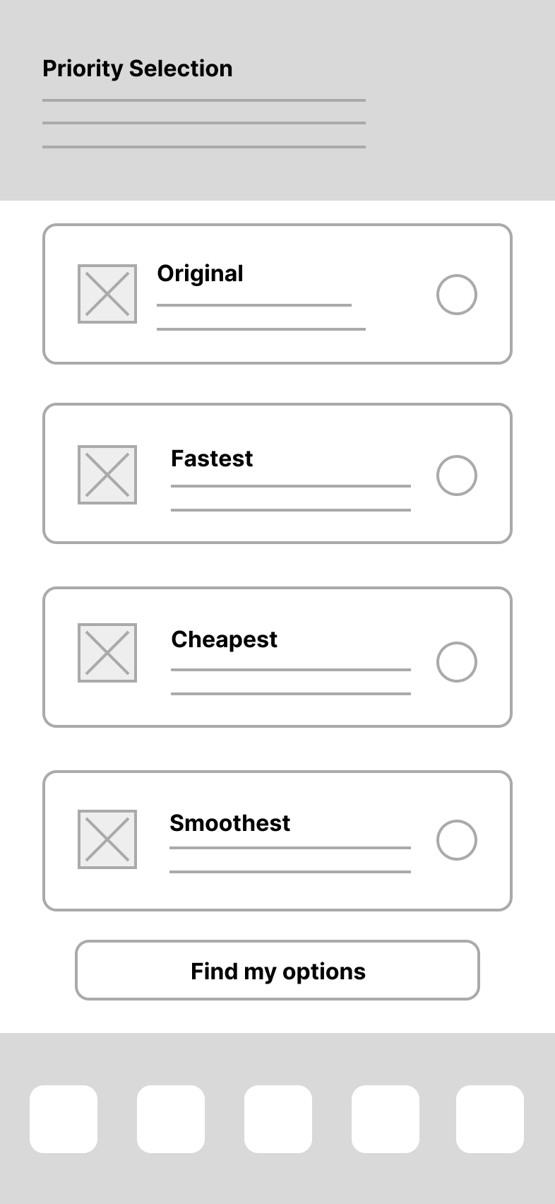 Low-fidelity wireframe of the Priority Selection screen