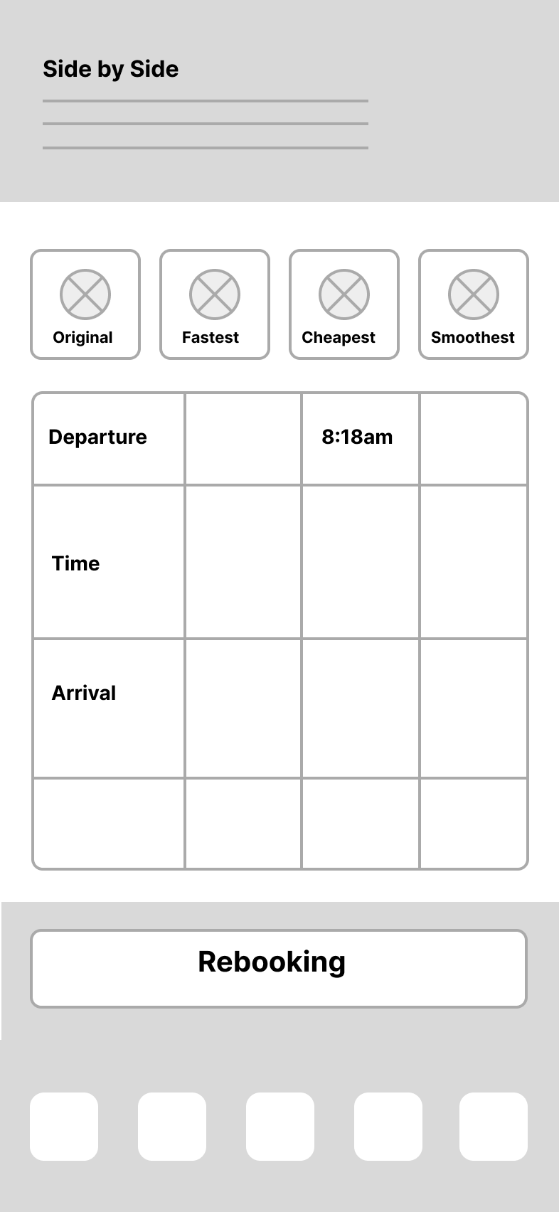Low-fidelity wireframe of the Side-by-Side Comparison screen