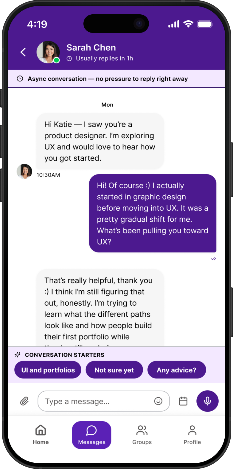 Async messaging screen with conversation starters and no-pressure reply banner