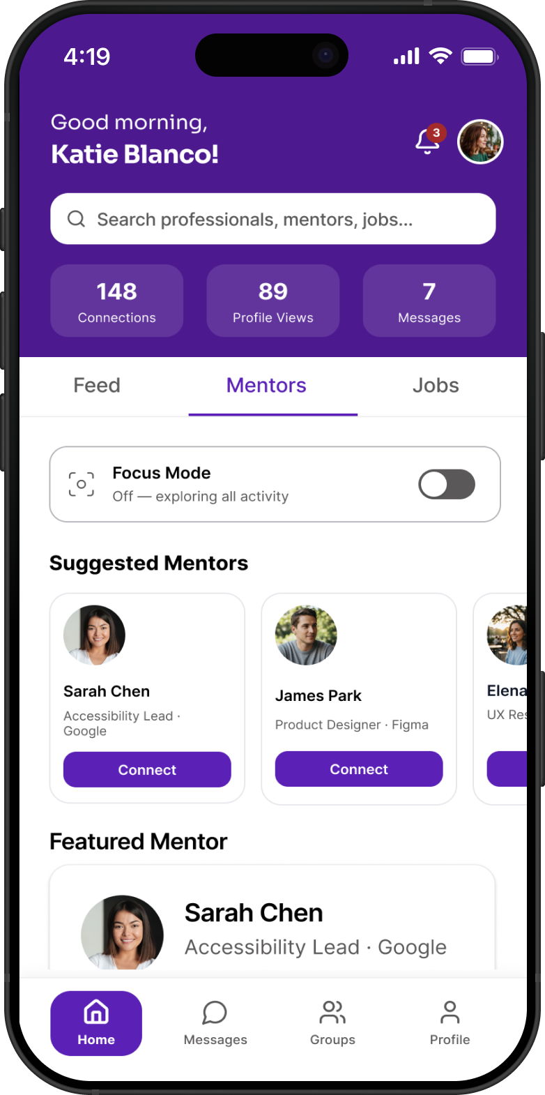 Mentors tab showing suggested mentors and a featured mentor card