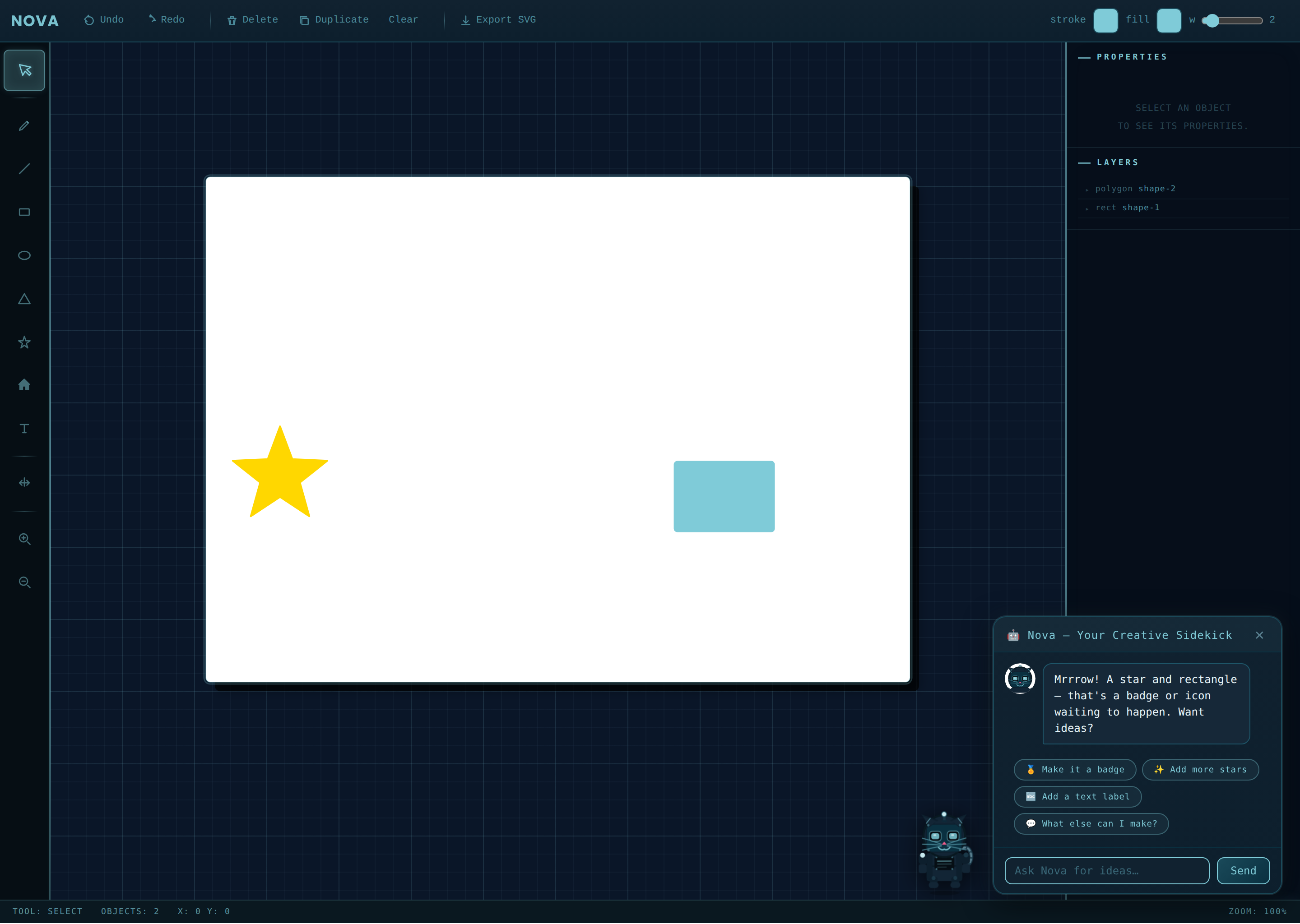 Nova non-modal guidance surfacing on the canvas without interrupting flow